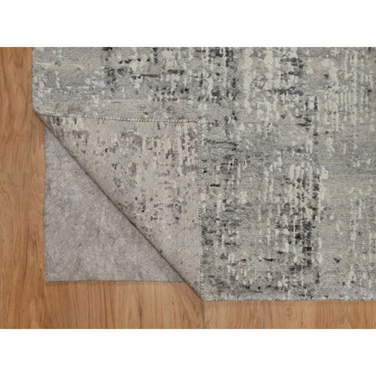 2'7"X8' Gray Modern Runner Rug Erased Design Hand Knotted Natural Wool