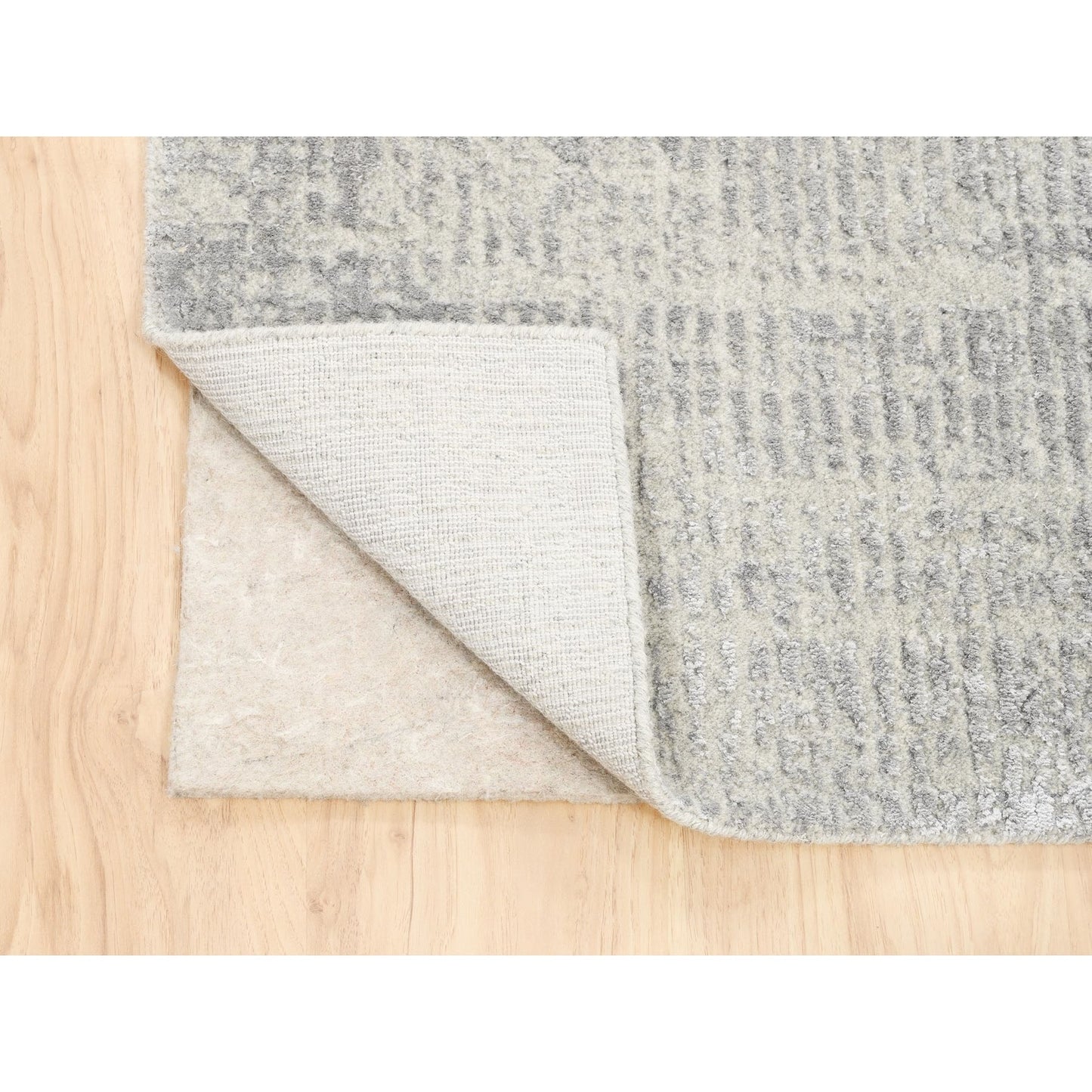 2'6"X12'1" Hand Loomed Fine Jacquard Gray Modern Wool And Silk Runner Rug
