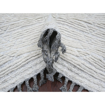 8'10"X12'2" White Moroccan Weave Line Design Hand Knotted Soft Wool Rug