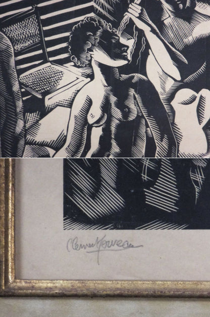 Clment Serveau Signed Large Woodcut "Interior With Figures" French Art Deco