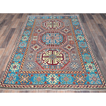 4'X5'9" Dove Gray Hand Knotted Kazak Geometric Medallions Design Wool Rug