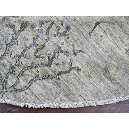 8'X8' Oyster Gray Peshawar Tree Design Hand Knotted 100% Wool Round Rug