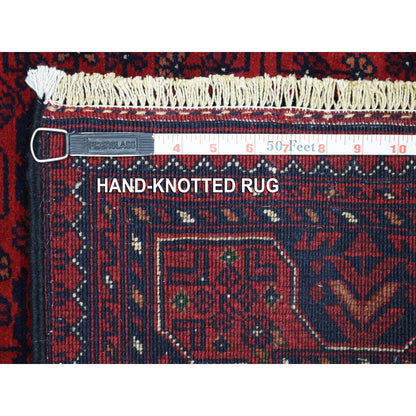 2'10"X9'9" Deep Red Hand Knotted Afghan Khamyab Velvety Wool Runner Rug