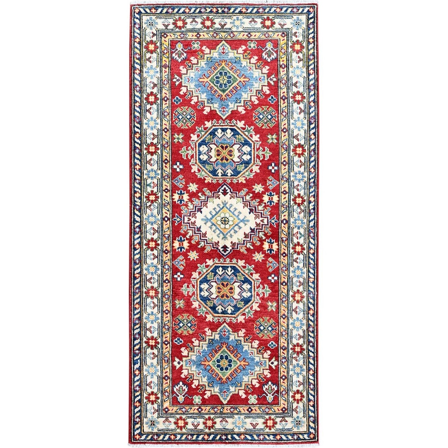 2'9"X6'4" Red Kazak With Medallion Design Hand Knotted Soft Wool Runner Rug