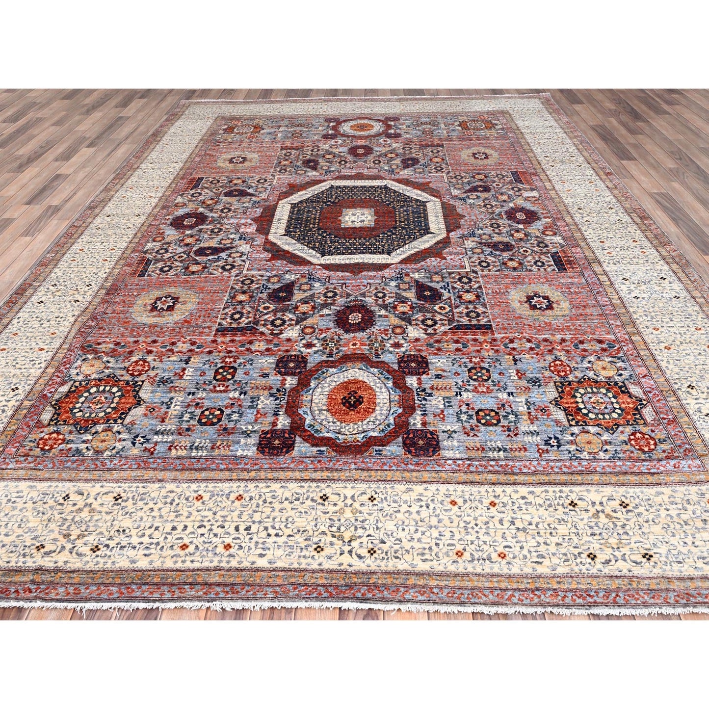 8'10"X12' Red Natural Wool Mamluk Design Hand Knotted Oriental Rug