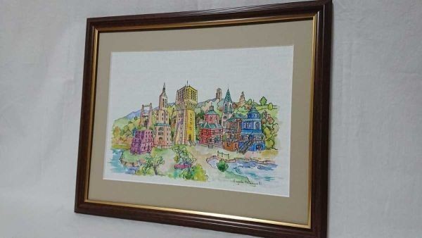 Italian Signed Canvas Watercolor Art Original Cityscape 36x26cm