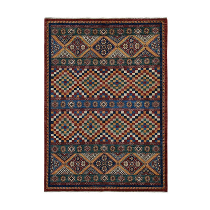 5'7"X8' Green Super Kazak Khorjin Design Hand Knotted Pure Wool Rug