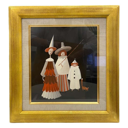 Clowns Painting Oil Duda Bozena Framed Pierrot Polish Naive Art 1989