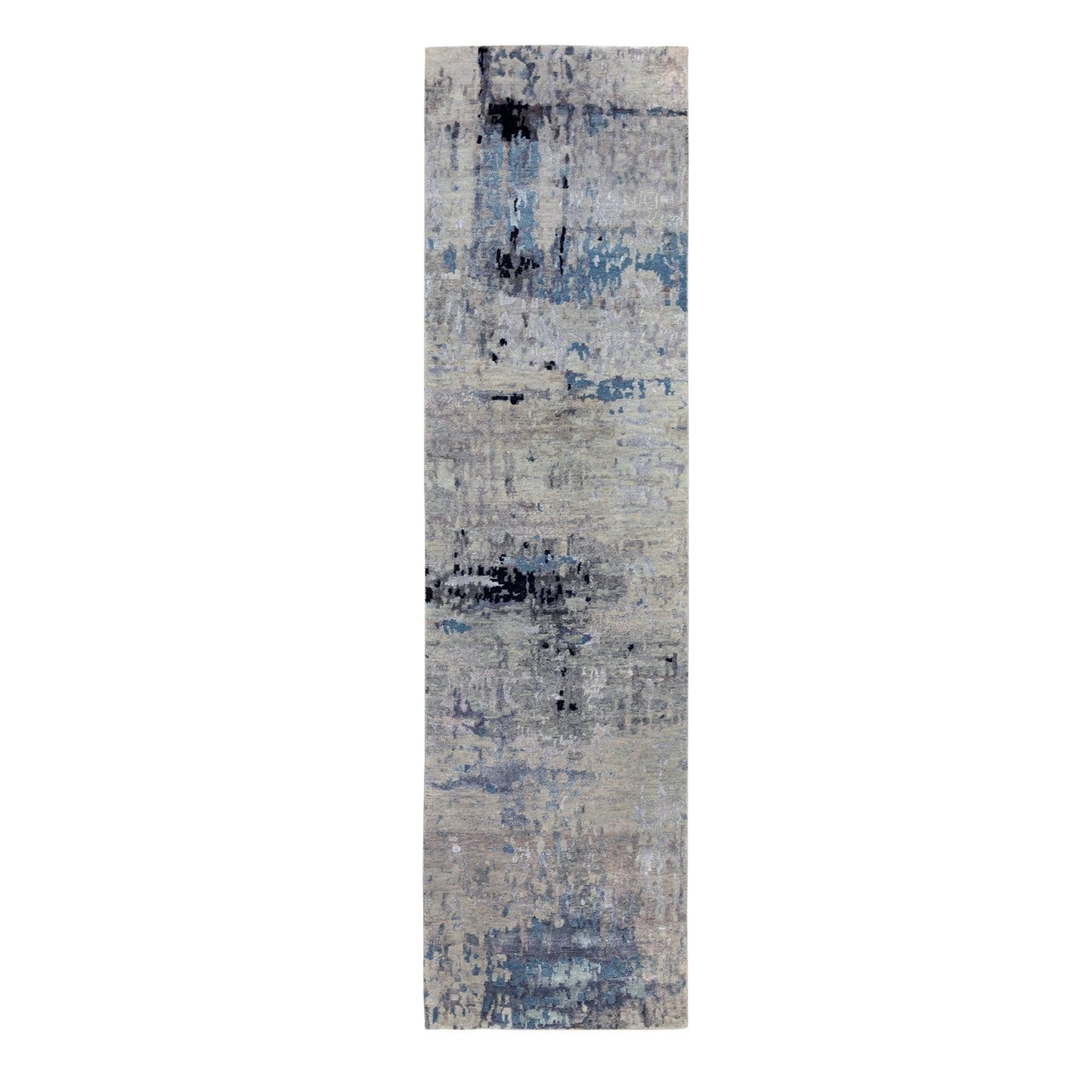 2'5"X9'9" Abstract Design Silver-Blue Hand Knotted Wool-Silk Runner Rug