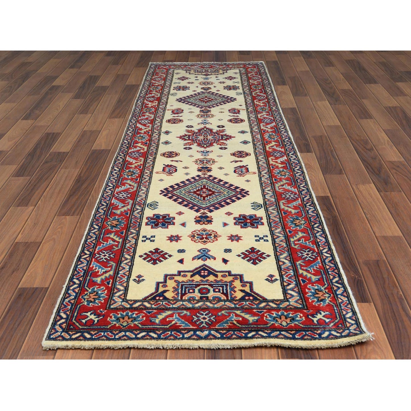 2'8"X9'8" Ivory Geometric Design Special Kazak Hand Knotted Pure Wool Rug