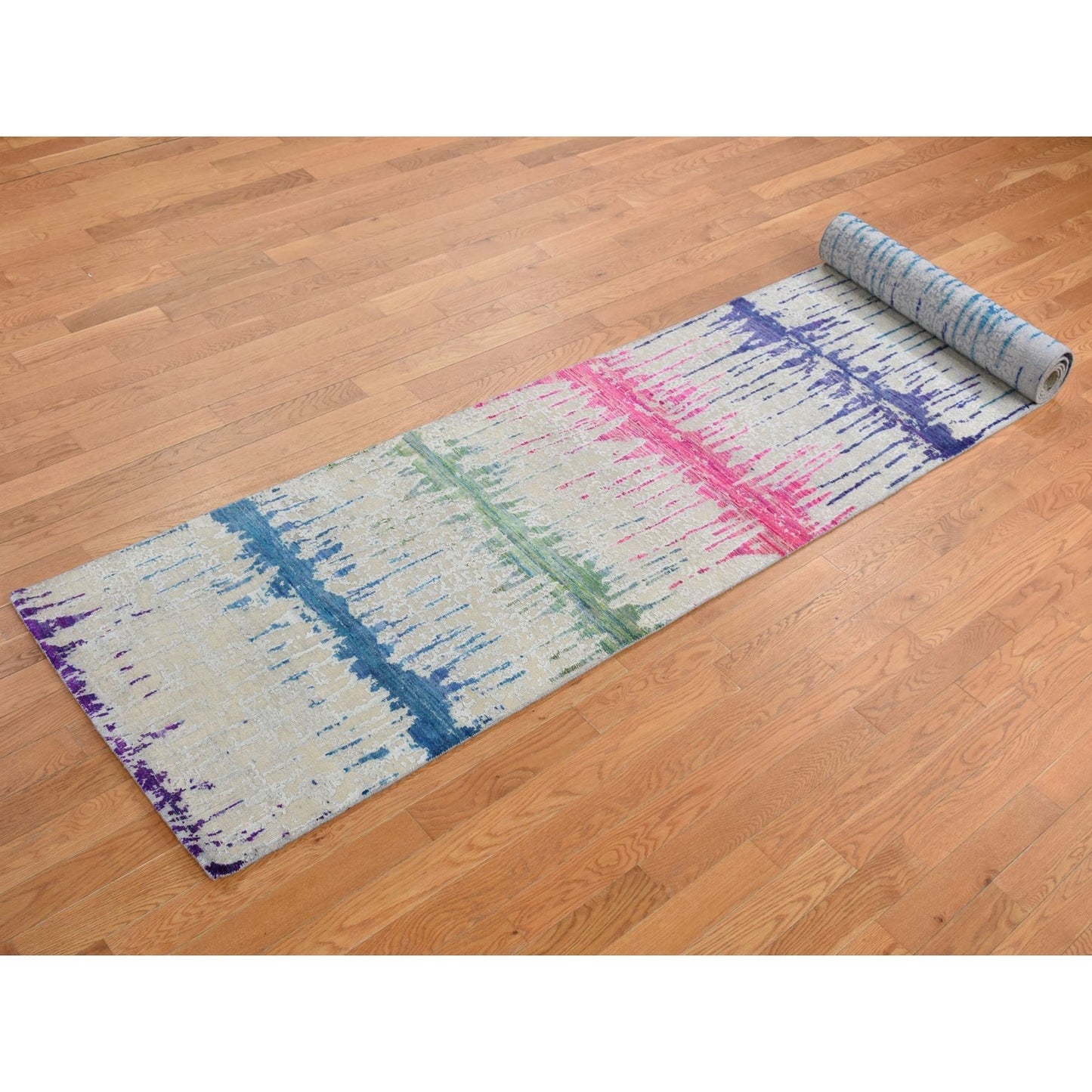 2'7"X14' The Cardiac Sari Silk With Textured Wool Runner Hand Knotted Rug