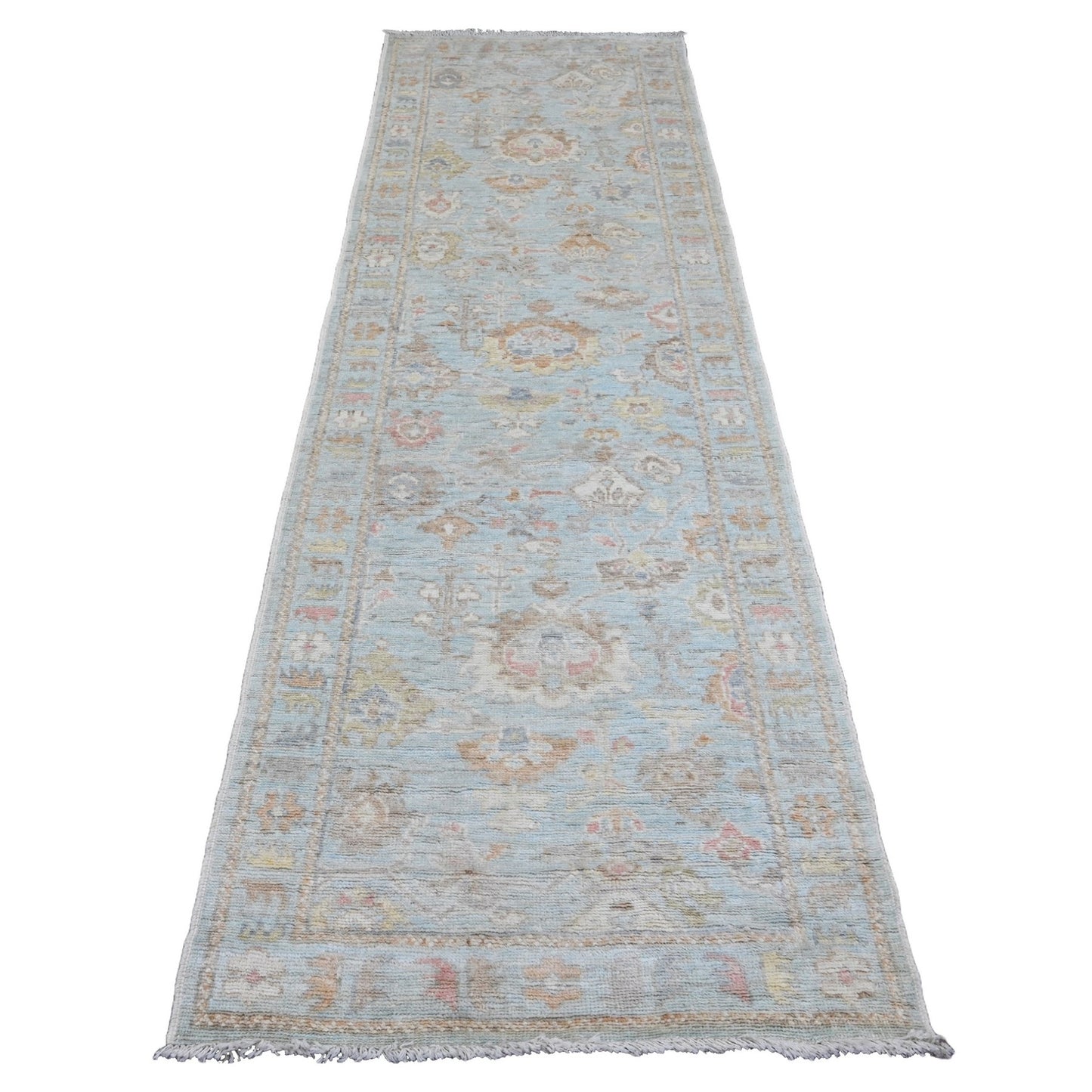 3'X9'6" Blue Hand Knotted Afghan Angora Oushak Leaf Motif Wool Runner Rug
