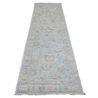 3'X9'6" Blue Hand Knotted Afghan Angora Oushak Leaf Motif Wool Runner Rug