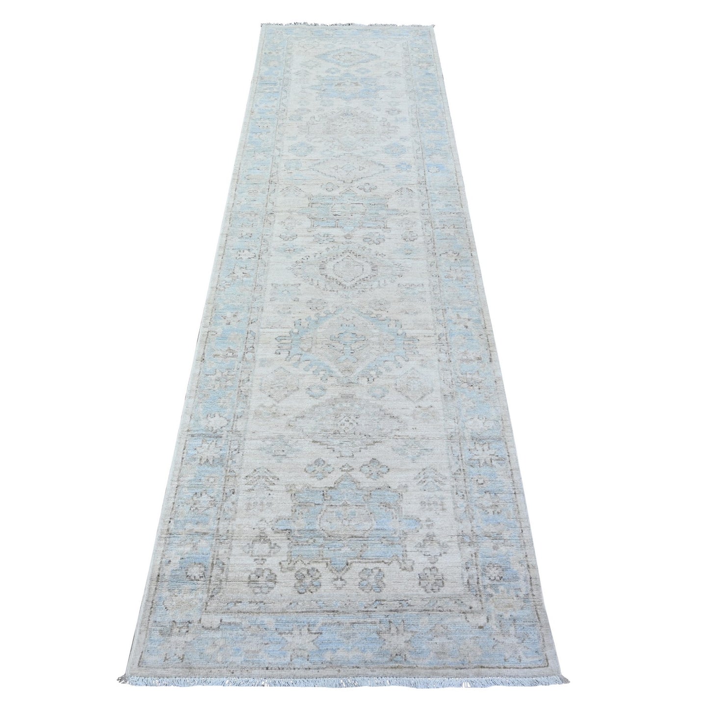 2'7"X9'5" White Hand Knotted Soft Wool White Wash Peshawar Runner Rug