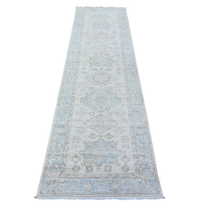 2'7"X9'5" White Hand Knotted Soft Wool White Wash Peshawar Runner Rug