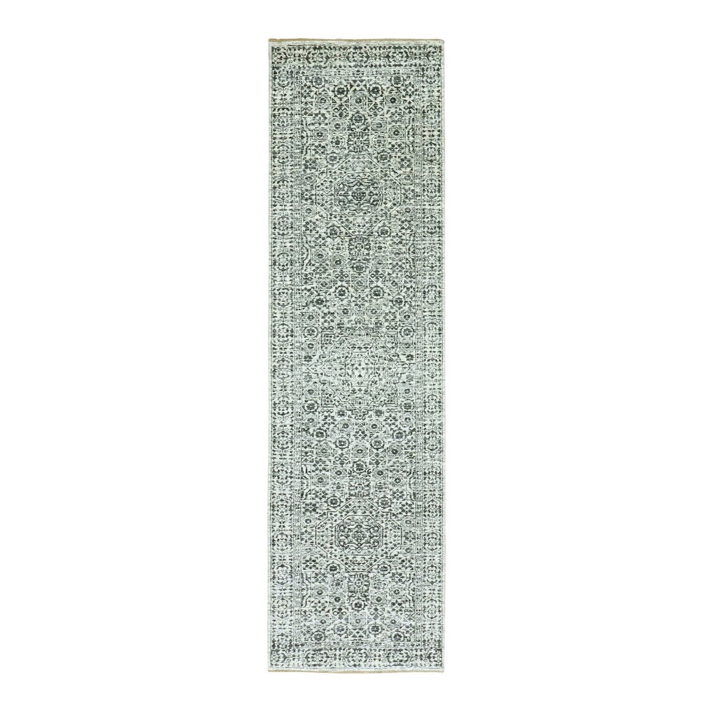 2'8"X10' White Mamluk Dynasty Design Undyed Wool Hand Knotted Runner Rug
