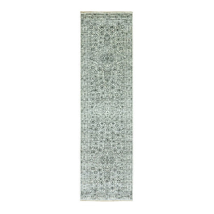 2'8"X10' White Mamluk Dynasty Design Undyed Wool Hand Knotted Runner Rug