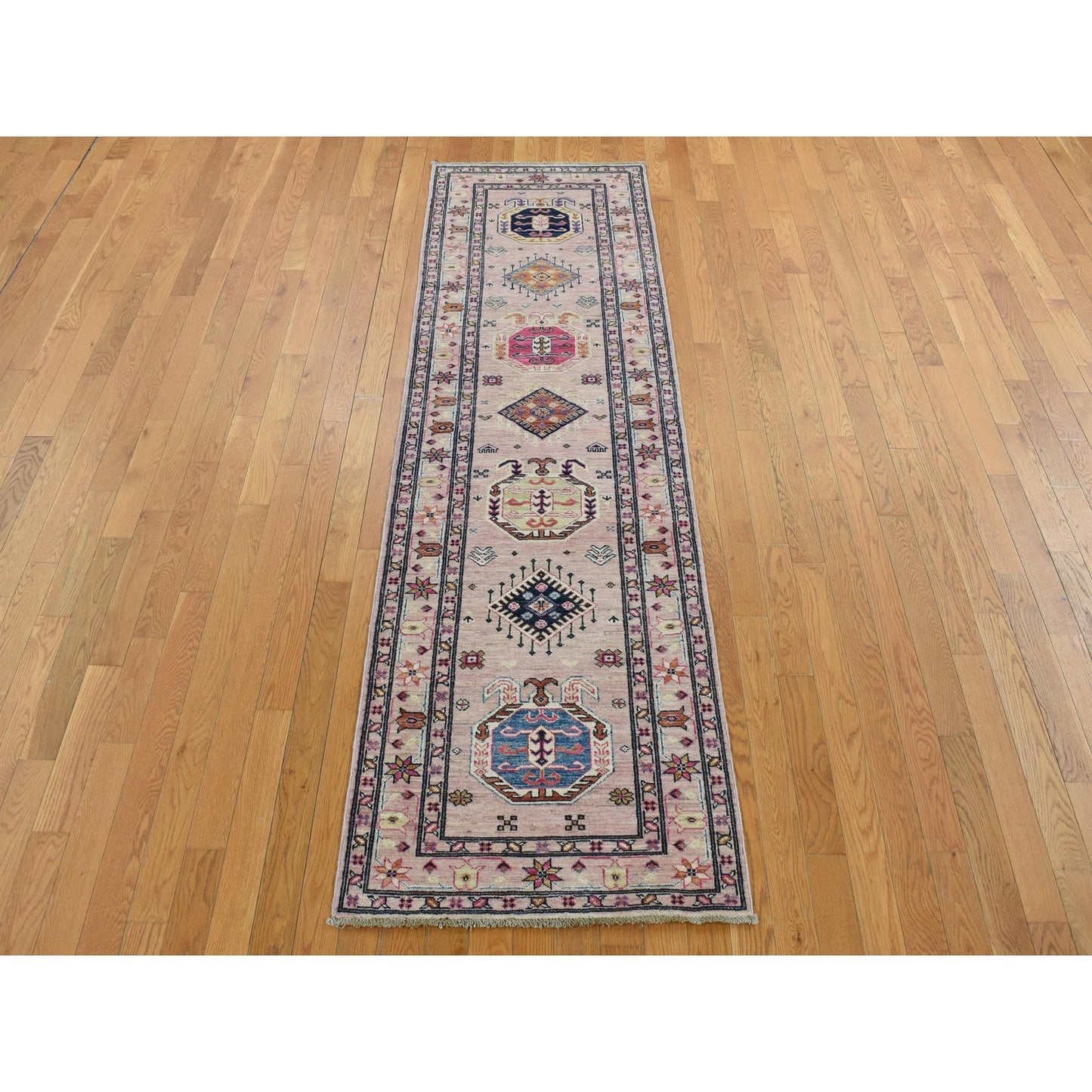 2'8"X8'10" Pink Hand Knotted Afghan Super Kazak Pure Wool Runner Rug