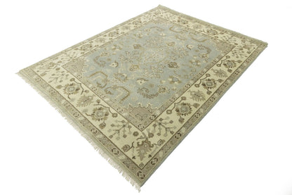 Handmade Oushak Chobi Wool Rug Light Gray Floral