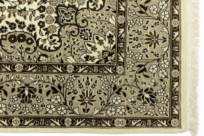 Hand-Knotted Kirman Square Rug Cream Floral Wool