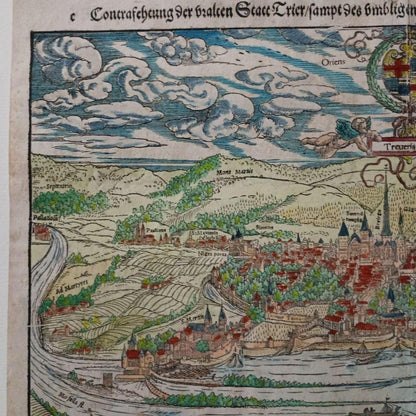 Sebastian Munster Trier Map 1598 Hand-Colored Woodcut Original Cosmographia