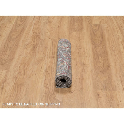 2'X3' Brown Scrolls Leaf Design Hand Knotted Textured & Wool Silk Mat Rug