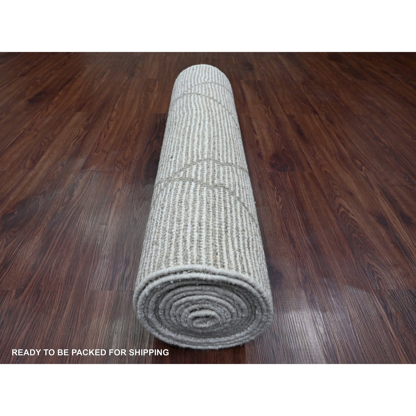 3'2"X15'4" White Moroccan Weave Line Design Hand Knotted Wool Runner Rug