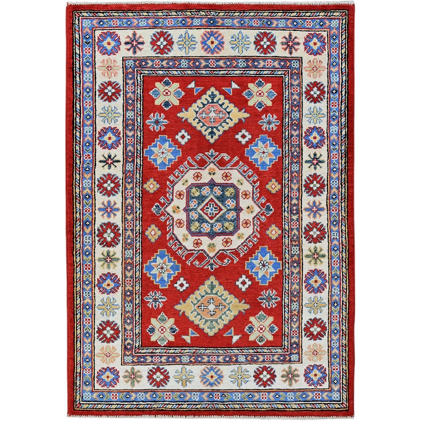 3'3"X4'10" Red Kazak With Geometric Design Hand Knotted Wool Oriental Rug