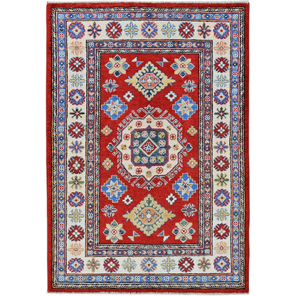 3'3"X4'10" Red Kazak With Geometric Design Hand Knotted Wool Oriental Rug