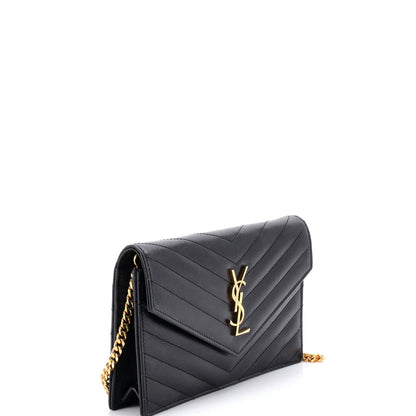 Saint Laurent Classic Monogram Wallet On Chain Matelasse Chevron Leather Small