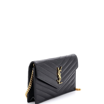 Saint Laurent Classic Monogram Wallet On Chain Matelasse Chevron Leather Small
