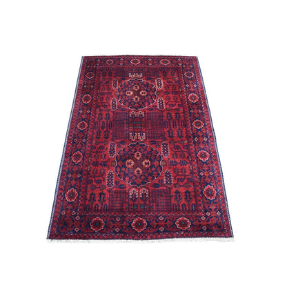 3'3"X4'10" Hand Made Saturated Red Wool Afghan Khamyab Tribal Design Rug