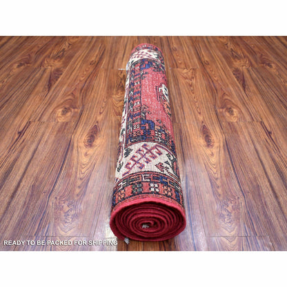 2'9"X9'10" Coral Red Hand Knotted Turkeman Ersari Pure Wool Runner Rug
