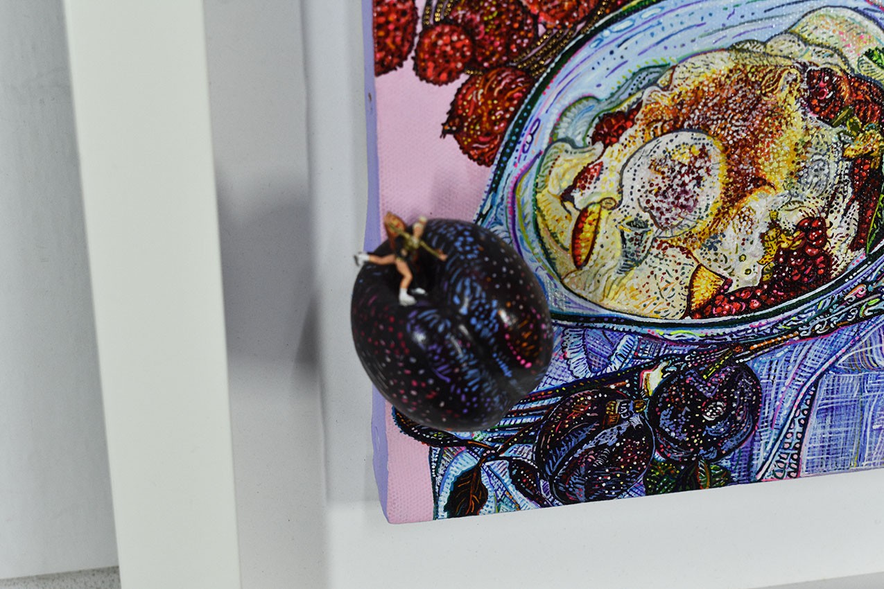 Mimi Yokoo Original Mixed Media Canvas Painting Skating Prune et Pomme