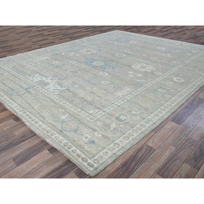 9'2"X11'10" Oyster Gray Afghan Oushak Leaf Design All Wool Hand Knotted Rug