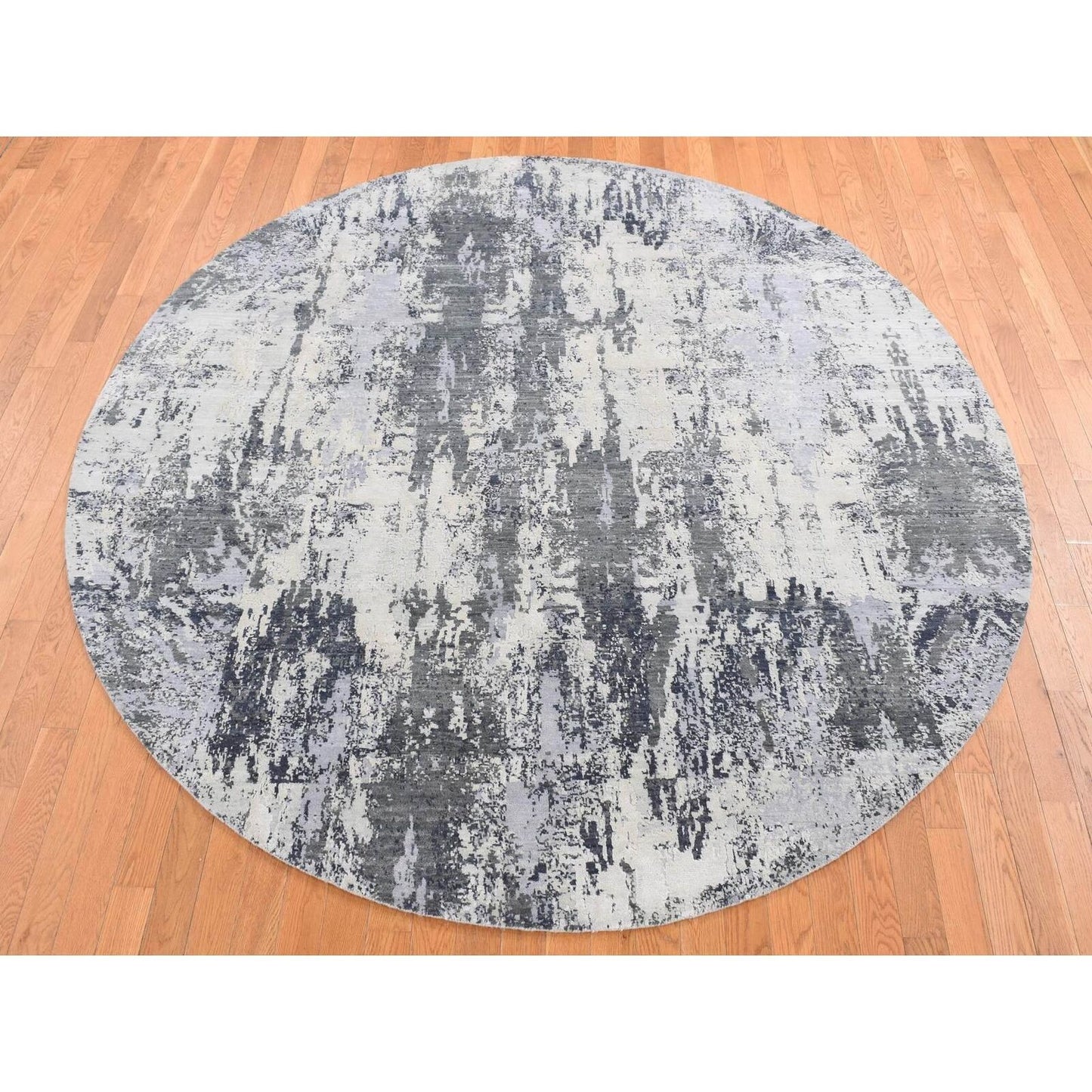 8'1"X8'1" Gray Abstract Design Wool And Pure Silk Hand Knotted Round Rug