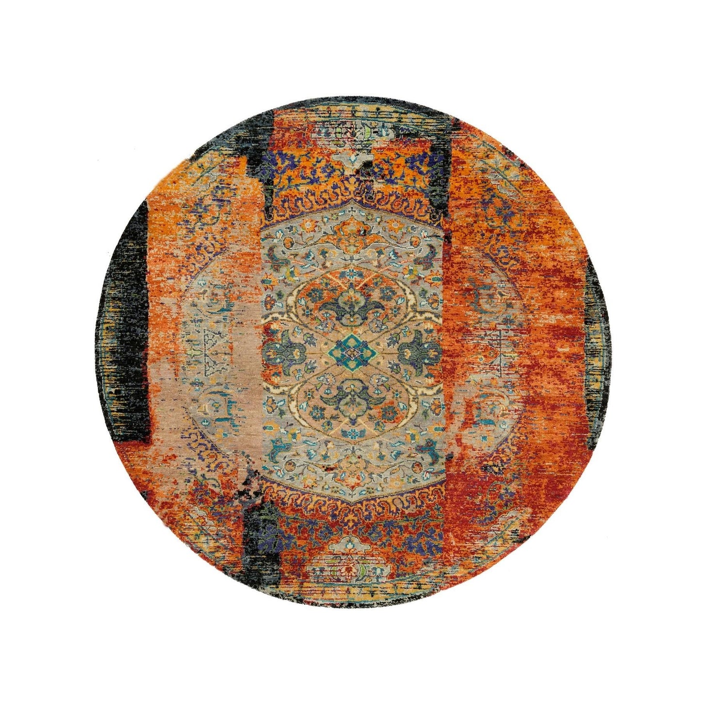 6'1"X6'1" Orange Ancient Ottoman Erased Design Wool Handknotted Round Rug