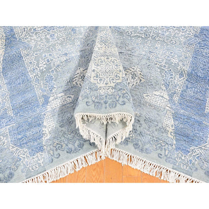 9'X12'2" Wool And Pure Silk Hand Knotted Blue Jewellery Design Rug