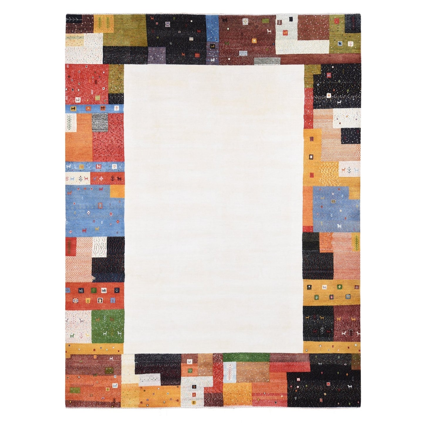 9'8"X13'5" Ivory Folk Art Lori Buft Gabbeh Design Wool Hand Knotted Rug