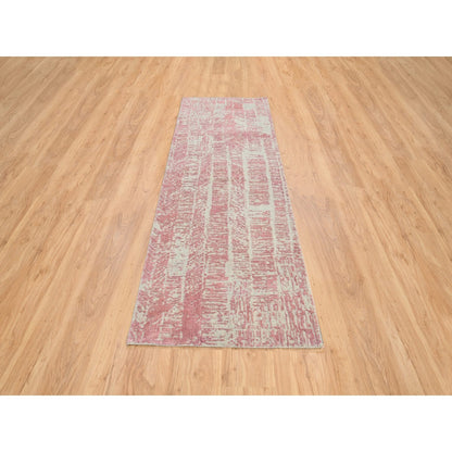 2'6"X10' Rose Pink Wool And Art Silk Jacquard Hand Loomed Runner Rug