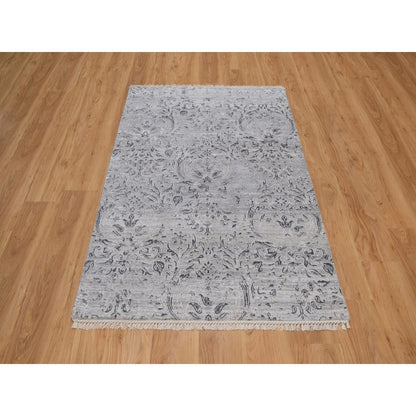 4'X5'10" Cloud Gray Wool And Silk Rug Damask Design Hand Knotted Oriental