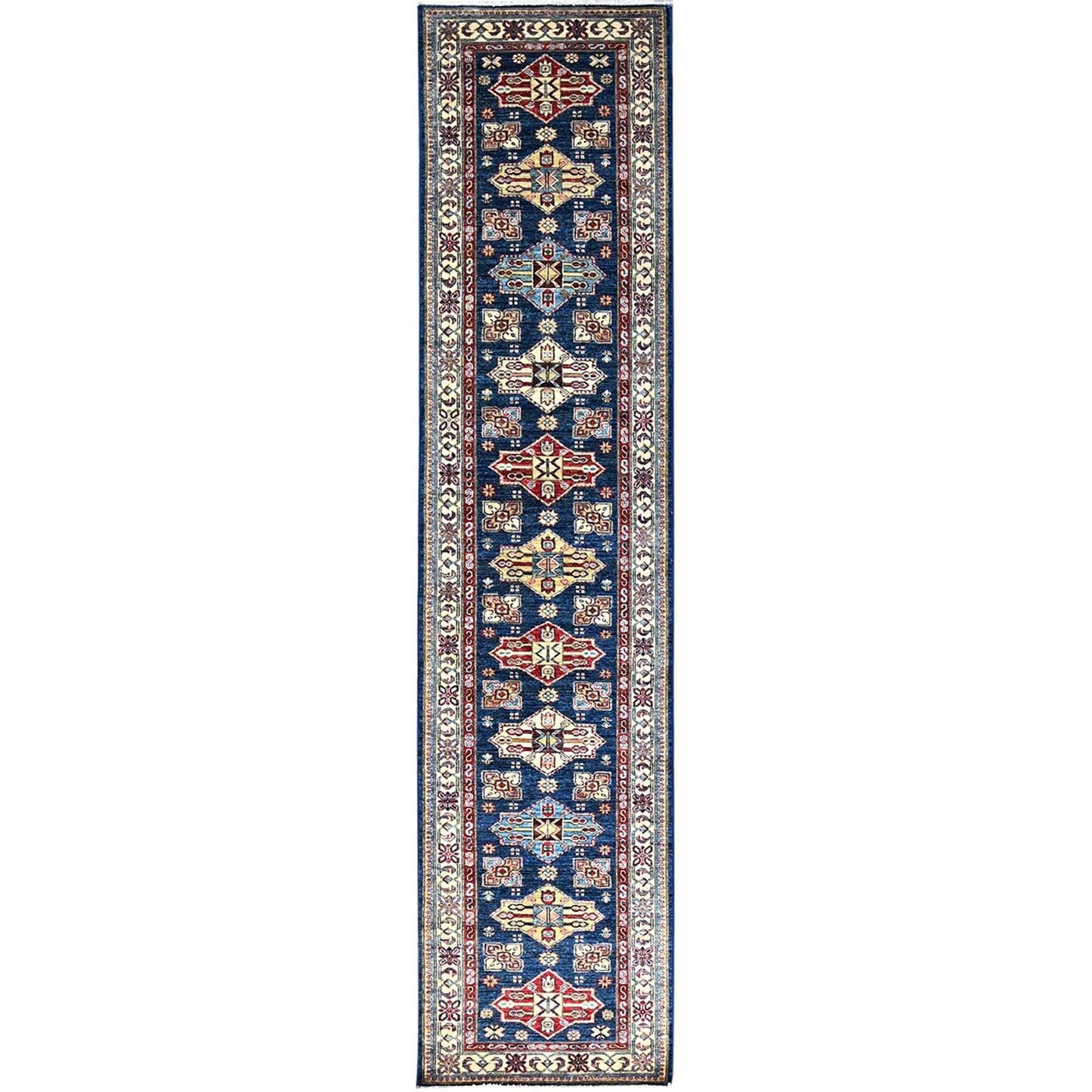 2'8"X11'9" Blue Wool Afghan Super Kazak Natural Dyes Oriental Runner Rug