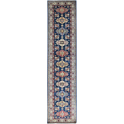 2'8"X11'9" Blue Wool Afghan Super Kazak Natural Dyes Oriental Runner Rug