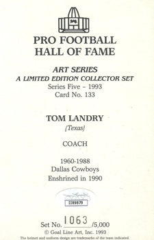Tom Landry Autographed Goal Line Art Card (Jsa)