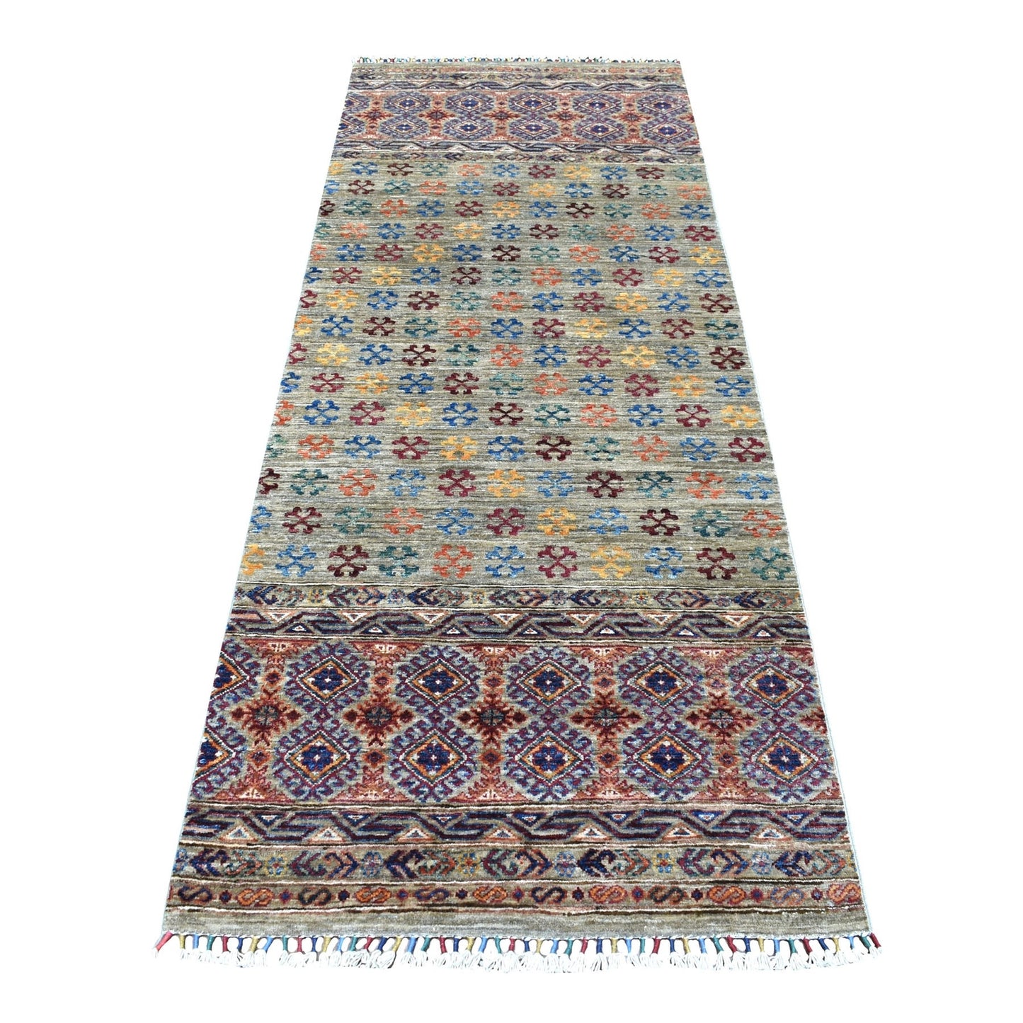 2'10"X7'7" Hand Knotted Gray Super Kazak Khorjin Design Pure Wool Rug