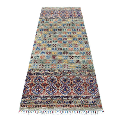 2'10"X7'7" Hand Knotted Gray Super Kazak Khorjin Design Pure Wool Rug