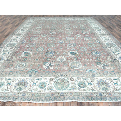 11'1"X14'7" Red Vintage Farsian Tebraz Worn Down Wool Hand Knotted Rug