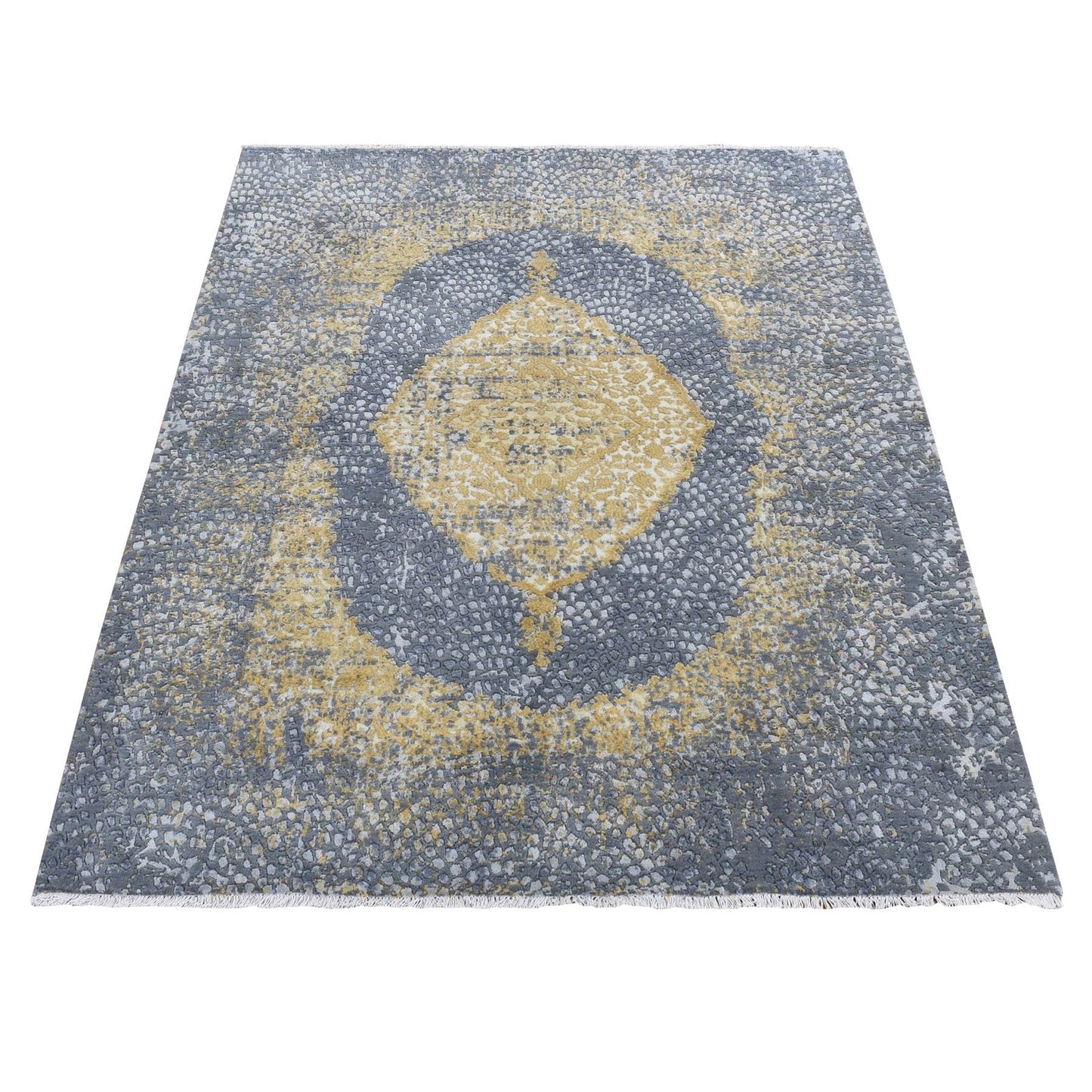 5'2"X7' Carbon Gray Zoroastrian Design Wool And Silk Hand Knotted Rug