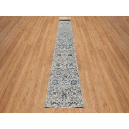 2'6"X27'9" White Leaf Design Silk & Textured Wool Hand Knotted Runner Rug