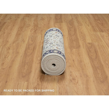 2'8"X14' White Nain Flower Design Wool And Silk Hand Knotted Runner Rug
